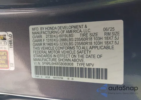 2025 Honda Odyssey Ex-L из США, поврежденный, VIN 5FNRL6H68SB080808